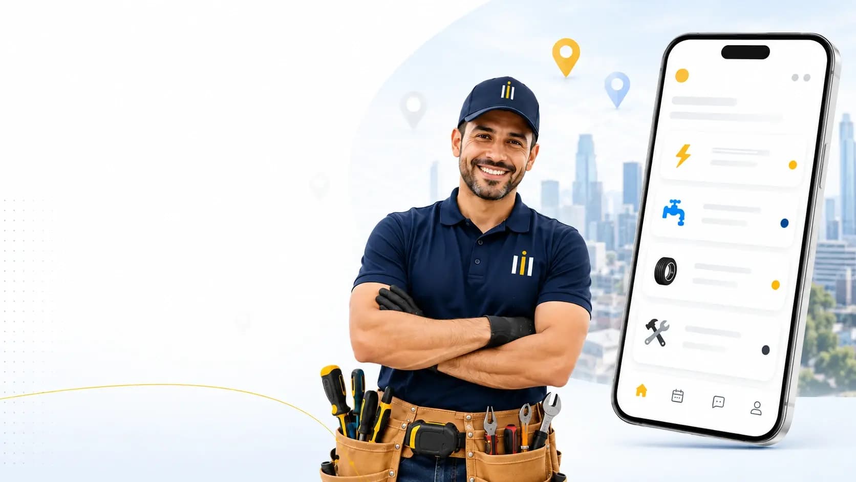 Profissional de uniforme Zapil com cinto de ferramentas e o app com a lista de categorias
